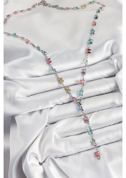 Pirinç Renkli Zirkon Taşlı Kelebek Model Gümüş Renk Kadın Y Kolye fiyatları