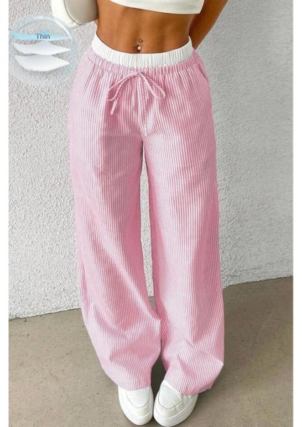 Pembe Beyaz Çizgili Yüksek Bel Rahat Kesim Pantolon