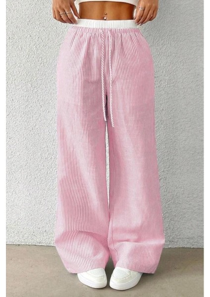 Pembe Beyaz Çizgili Yüksek Bel Rahat Kesim Pantolon modelleri