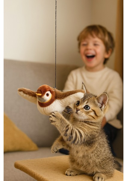 Dokunmatik Sesli Kanat Çırpan Asılabilir Peluş Kuş Kedi Oyuncağı Hareketli Etkileşimli indirimleri