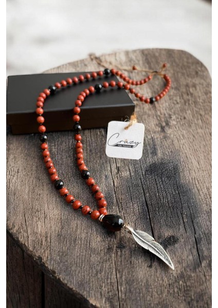 6 mm Kırmızı Jasper & 8 mm Oniks Doğaltaş Uzun Erkek Kolyesi 70-80 cm