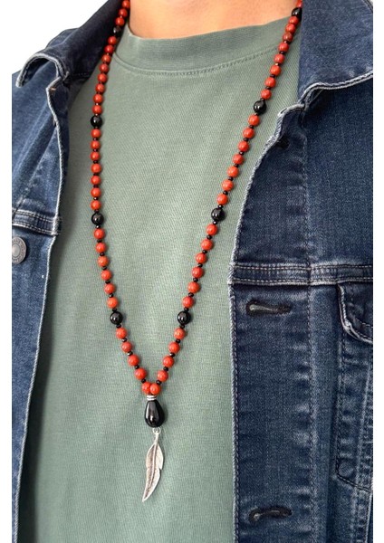 6 mm Kırmızı Jasper & 8 mm Oniks Doğaltaş Uzun Erkek Kolyesi 70-80 cm fiyatları