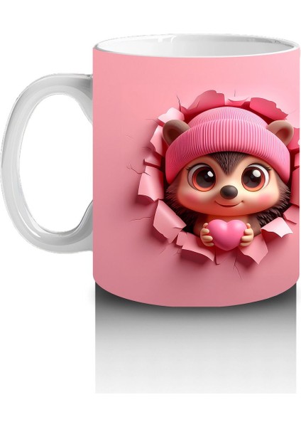 Pembe Giyimli Kız ve Kalpli Peluş – Baskılı Kahve Kupası