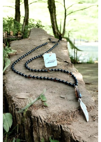 6 mm Hakiki Oniks & 8 mm Dumanlı Kuvars (Smoky Quartz) Doğaltaş Uzun Erkek Kolyesi 70-80 cm