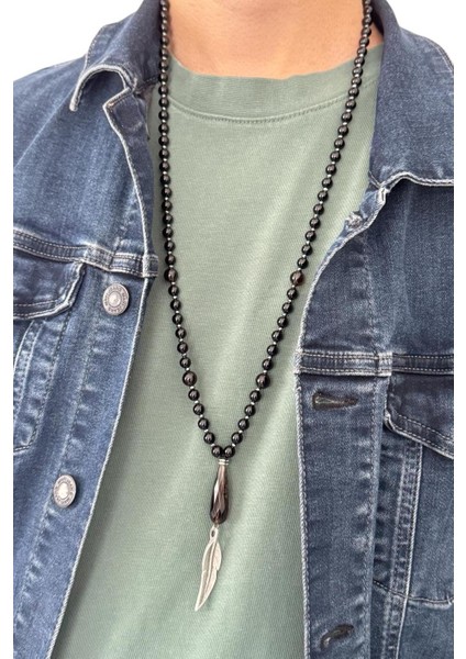 6 mm Hakiki Oniks & 8 mm Dumanlı Kuvars (Smoky Quartz) Doğaltaş Uzun Erkek Kolyesi 70-80 cm fiyatları