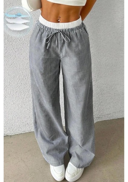 Siyah Beyaz Çizgili Yüksek Bel Rahat Kesim Pantolon