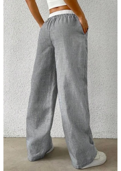 Siyah Beyaz Çizgili Yüksek Bel Rahat Kesim Pantolon fiyatları