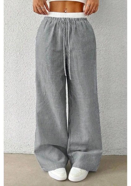 Siyah Beyaz Çizgili Yüksek Bel Rahat Kesim Pantolon modelleri