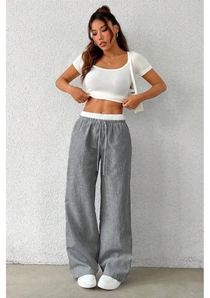 Siyah Beyaz Çizgili Yüksek Bel Rahat Kesim Pantolon fırsatları