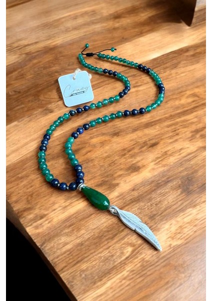 6 mm Lapis - Yeşil Akik & Ceyt (Jade) Doğaltaş Uzun Erkek Kolyesi 70-80 cm