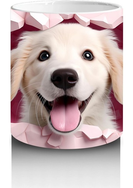 Pembe Kalp Duvarı Delen Sarı Köpek – Baskılı Kahve Kupası
