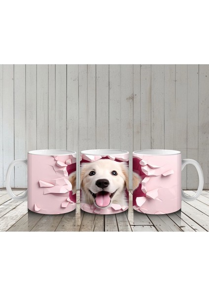 Pembe Kalp Duvarı Delen Sarı Köpek – Baskılı Kahve Kupası fırsatları