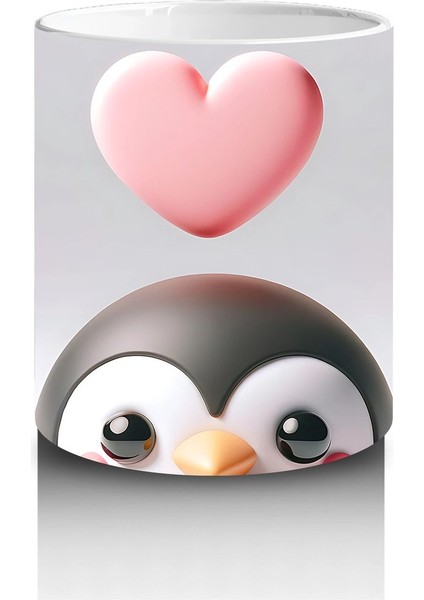 Kalp Figürlü Arka Plan Üzerinde Sevimli Penguen Yüzü - Baskılı Kahve Kupası fiyatları