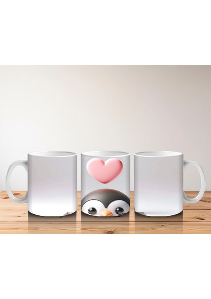 Kalp Figürlü Arka Plan Üzerinde Sevimli Penguen Yüzü - Baskılı Kahve Kupası fırsatları