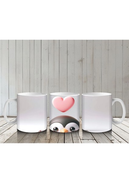 Kalp Figürlü Arka Plan Üzerinde Sevimli Penguen Yüzü - Baskılı Kahve Kupası indirimleri