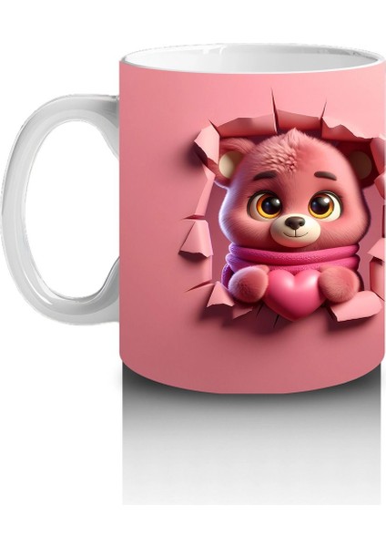 Pembe Bereli Sevimli Ayıcık Figürü Önden ve Arkadan - Baskılı Kahve Kupası