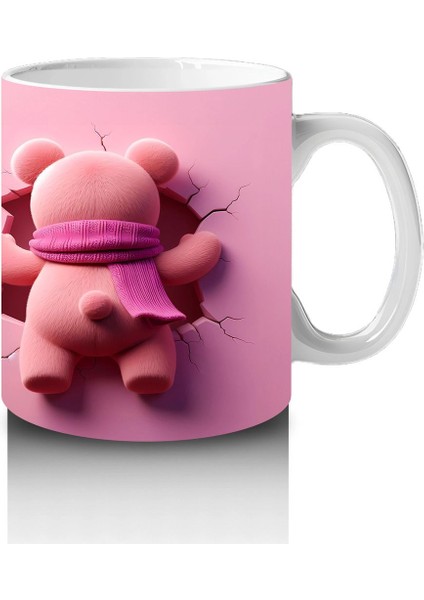 Pembe Bereli Sevimli Ayıcık Figürü Önden ve Arkadan - Baskılı Kahve Kupası modelleri
