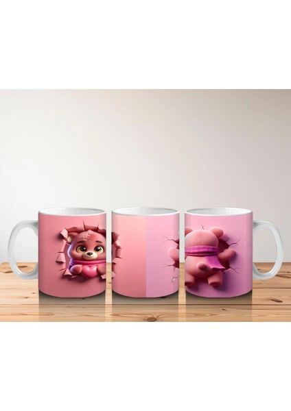 Pembe Bereli Sevimli Ayıcık Figürü Önden ve Arkadan - Baskılı Kahve Kupası fırsatları