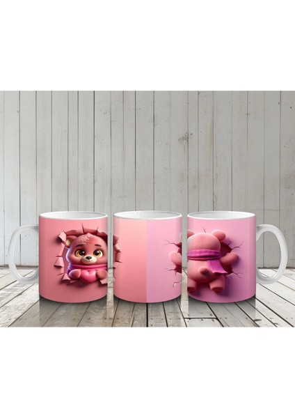 Pembe Bereli Sevimli Ayıcık Figürü Önden ve Arkadan - Baskılı Kahve Kupası indirimleri