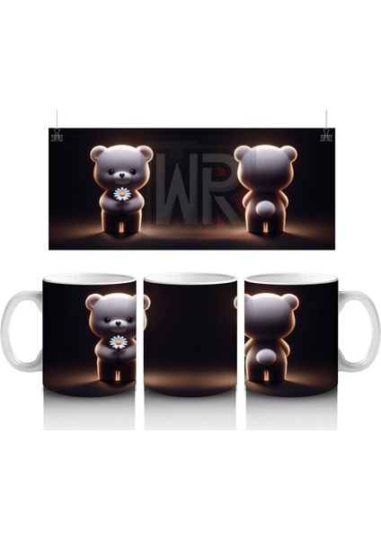 Çiçek Tutan Sevimli Ayıcık Figürü (Ön ve Arka Görünüm) - Baskılı Kahve Kupası