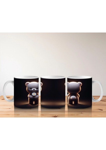 Çiçek Tutan Sevimli Ayıcık Figürü (Ön ve Arka Görünüm) - Baskılı Kahve Kupası fırsatları