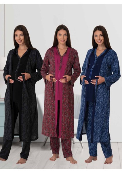 Dvina Effortt Lohusa Desenli Sabahlıklı Pijama Takımı Siyah - 8054