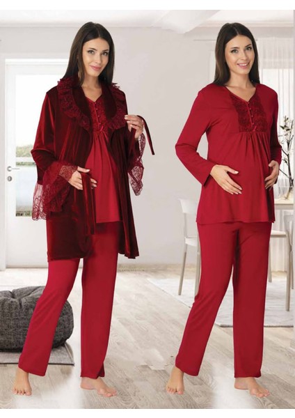 Dvina Effortt Lohusa Desenli Kadife Sabahlıklı Pijama Takımı Fuşya - 8088