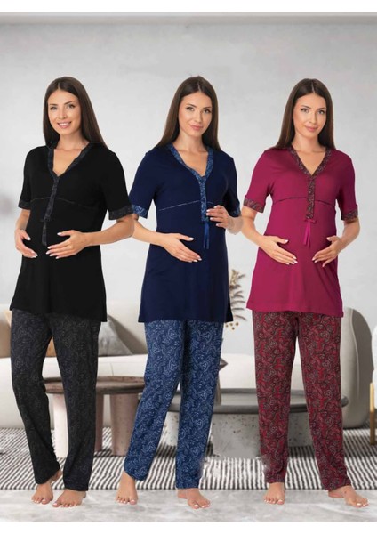 Dvina Effortt Lohusa Desenli Pijama Takımı Lacivert - 8052