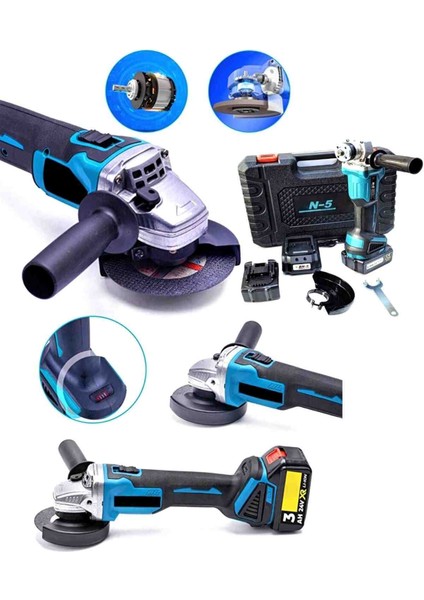 İyisi Yok Metal Şanjuman 24V 3 Ah Kömürsüz 2 Akülü Şarjlı Avuç Taşlama Spiral Makinası 115 mm Mavi