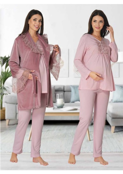 Dvina Effortt Lohusa Desenli Kadife Sabahlıklı Pijama Takımı Pembe - 8088