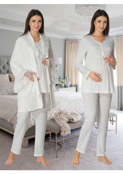 Dvina Effortt Lohusa Desenli Kadife Sabahlıklı Pijama Takımı Ekru - 8088