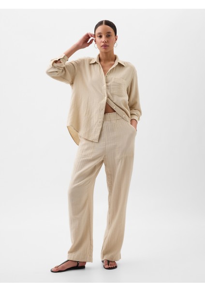 Kadın Bej Mid Rise Gauze Wide-Leg Pull-On Pantolon