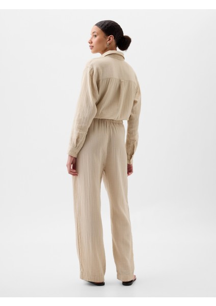 Kadın Bej Mid Rise Gauze Wide-Leg Pull-On Pantolon fiyatları