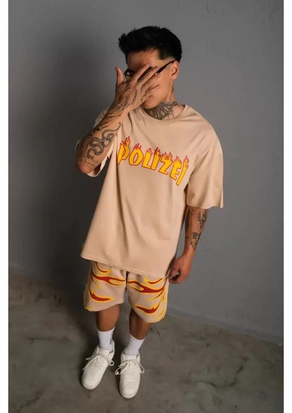 Erkek alev Baskılı Ikili Şortlu Takım - Bej