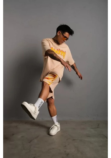 Erkek alev Baskılı Ikili Şortlu Takım - Bej modelleri