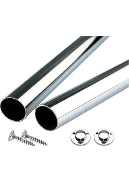 Dolap Içi Elbise Askı Borusu 60 cm Krom Yuvarlak ( 2 Adet Flanş + Vidalar)