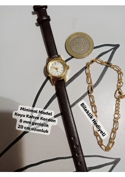 Minimal Vintage Model Gold Retro Still - Koyu Kahve 8 mm Geniş 20 cm Uzun Kordon 0116