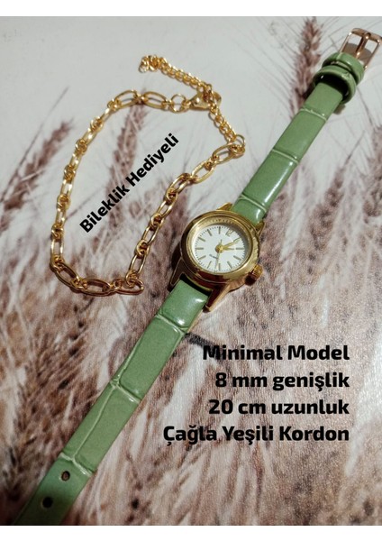 Minimal Vintage Model Gold Retro Still - Çağla Yeşil 8 mm Geniş 20 cm Uzun Kordon 0116