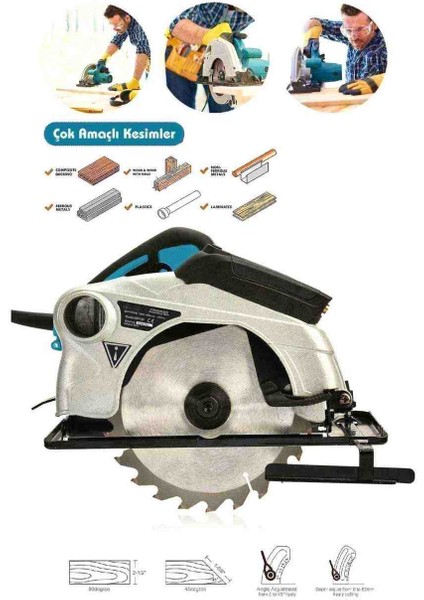 İyisi Yok 185 mm Lazerli Sunta Kesme Elektrikli Daire Testere Mavi 1400-3000W fiyatları