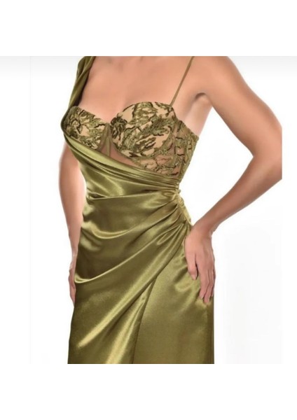 Yeşil Haki Büstiyer Yırtmaçlı Abiye Elbise fiyatları