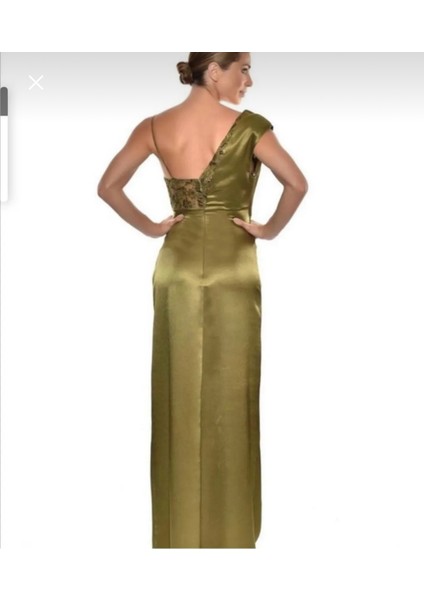 Yeşil Haki Büstiyer Yırtmaçlı Abiye Elbise modelleri