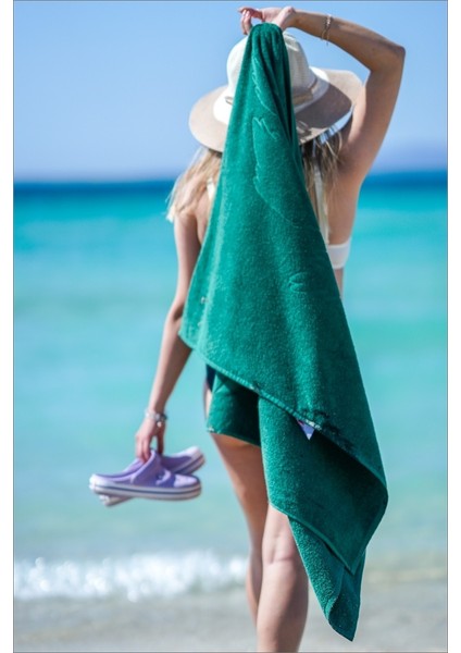 Plaj Çantasına Dönüşen %100 Pamuk Yeşil Plaj Havlusu