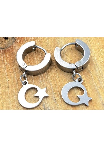 Çelik Gümüş Renk Ayyıldızlı Unisex Küpe