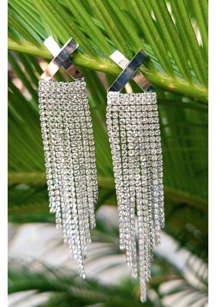 Gümüş Renk Zirkon Taşlı Lüks Abiye Küpe