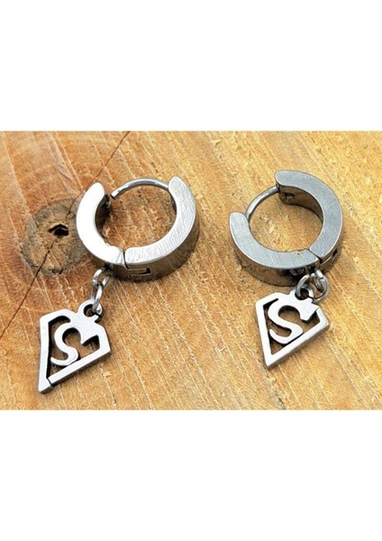 Çelik Gümüş Renk Superman Logolu Unisex Çift Küpe