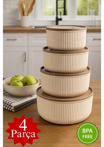 4 Parça Saklama Kabı Seti Yuvarlak Çizgili Krem - 2.5l 1.5l 0.80L 0.45L -