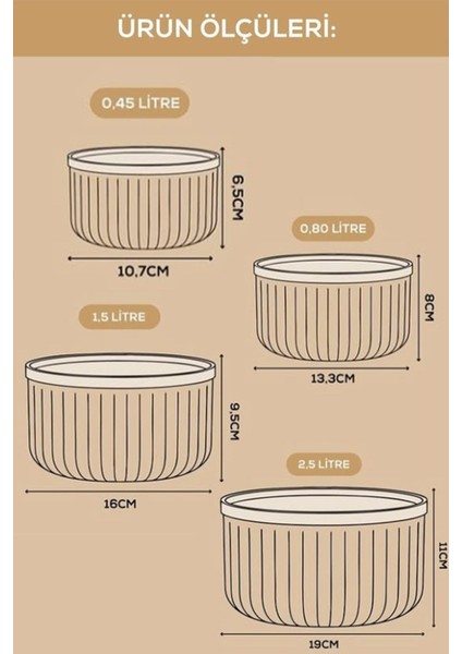 4 Parça Saklama Kabı Seti Yuvarlak Çizgili Krem - 2.5l 1.5l 0.80L 0.45L - fırsatları