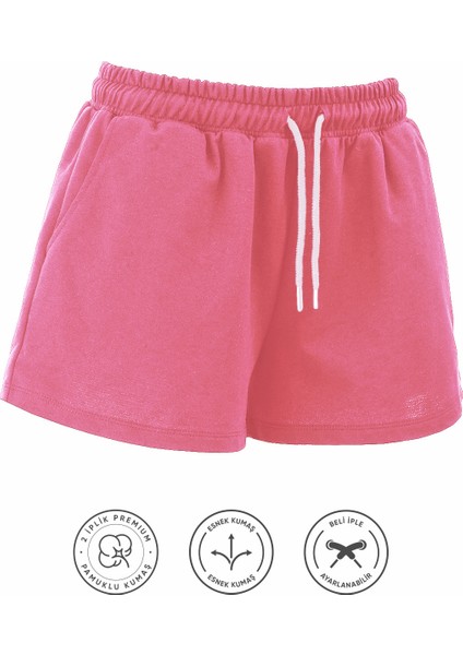 Kadın Pamuklu Pembe Beli Ipli Şort Günlük Basic Regular Fit Cepli Normal Bel Rahat Esnek 2 Iplik Ev Şortu fiyatları