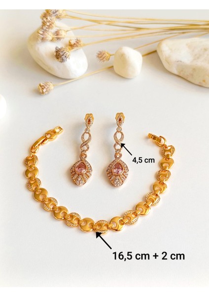 Küpe Sallantılı ve Bileklik Zirkon Taş Altın Kaplama 316 L Çelik 2'li Set + Hediye Paket fırsatları