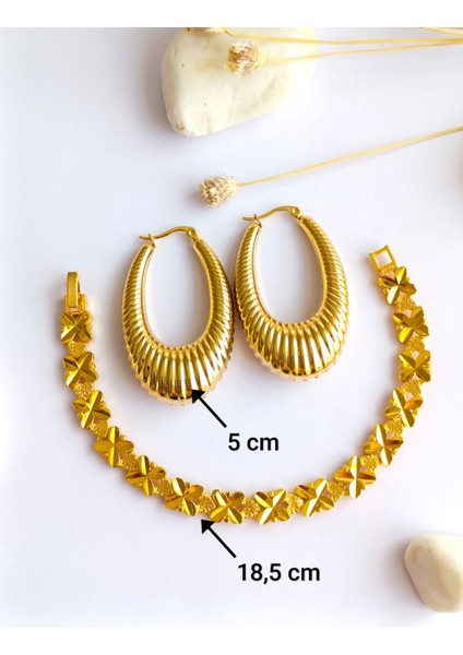 Küpe Sallantılı Oval ve Bileklik Altın Kaplama 316 L Çelik 2'li Set + Hediye Paket modelleri